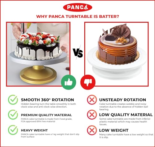Image of PANCA Cake Decorating & Icing Turntable | Signature Edition 12-Inch 360 Rotating Cake Stand for Baking & Serving | Fiber Cake Turntable with Silver Top & Golden Base | Professional Cake Decorating Stand