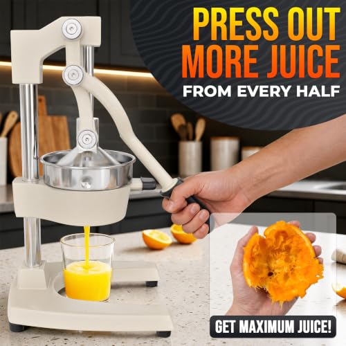 Image of Cast Iron Juicer Hand Press, Heavy-Duty Squeezer (White) | Lever Manual Citrus Press Juicer & Orange Squeezer for Lemon, Lime & Lemonade; Steel Cone & Strainer; for Home or Bar
