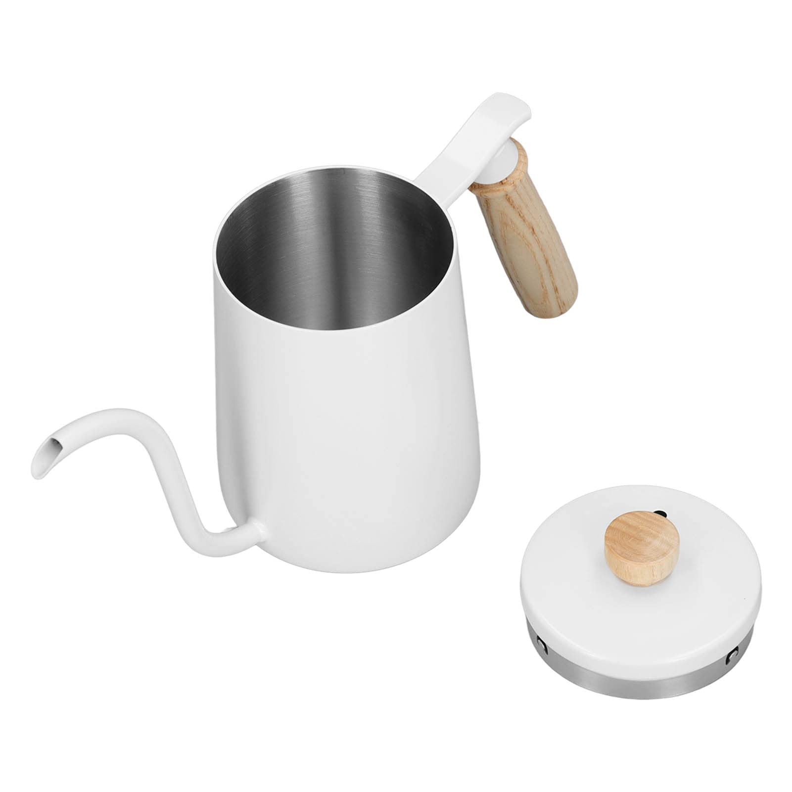 Hervidor de agua de 600 ml para café de filtro, de acero inoxidable 304, con boquilla de cuello de cisne y mango de madera. Hervidor de agua de cuello de cisne para café y otras (Blanca)
