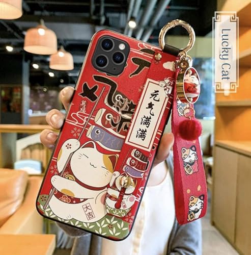 Yvonnecy Compatible with iPhone 12 Pro Max Case with Phone Lanyard, 6.7 inch Cute Japanese Lucky Cat Glitter Luxury Soft Silicone Phone Case iPhone 12 Pro Max with Wrist Strap (Red, iPhone 15 Plus)