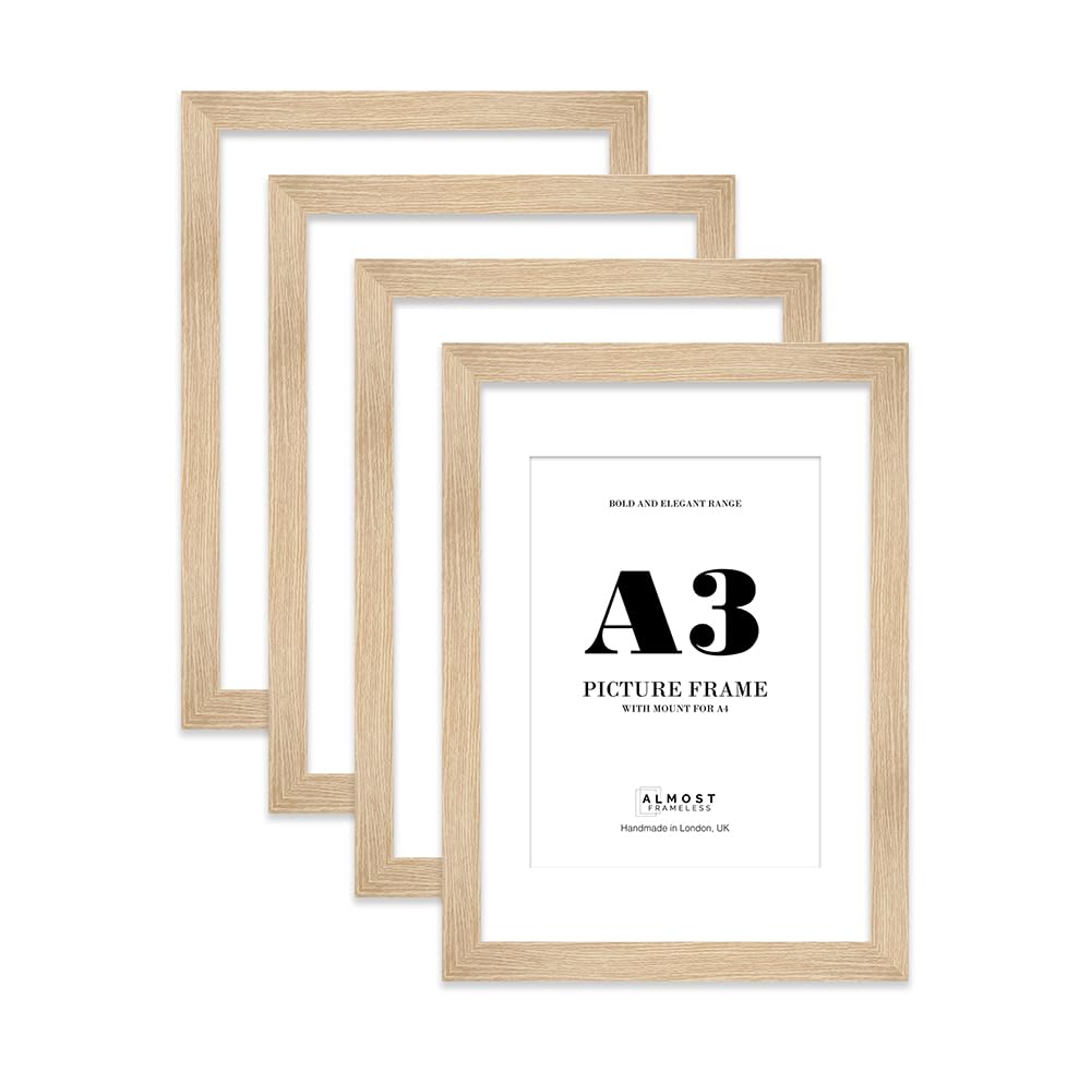 A3 Picture Frame With Mount For A4 or A3 Without Mount - Wide Molding - Pre-Installed Wall Mounting, Oak, 4 Pack — image 1