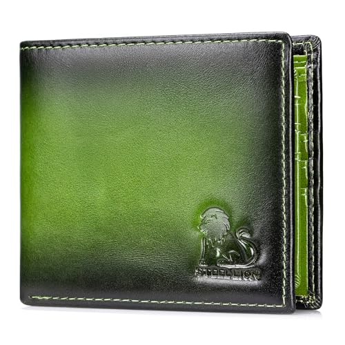STEELLION Leather Wallets for Men Cowhide Mens Bifold Wallet RFID Blocking with 2 ID Windows Zipper Pocket (Green)