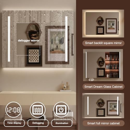 Modern Wall Mounted Floating Bathroom Vanity with Integrated Ceramic Sink, No Assembly Required, Hanging LED Intelligent Lighted Sensor and Demisting Mirror, Cabinet Spaces, 3 Soft Close Drawers