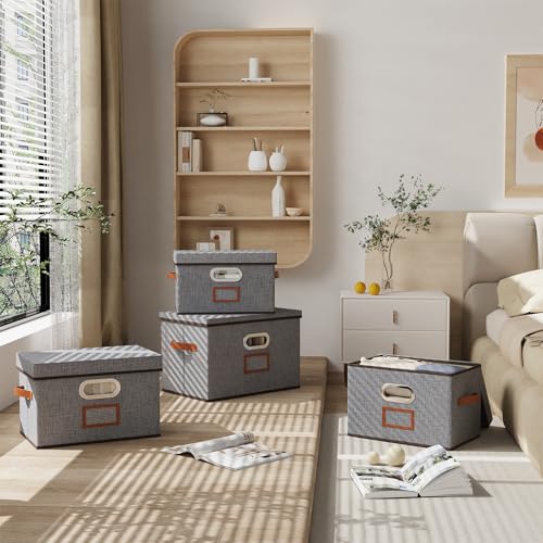 OUTBROS Cajas de Almacenamiento con tapas, Cestas de Almacenaje para estantes, Plegables Contenedores de tela para el hogar y la oficina, 33 x 23 x 20 cm, Gris, paquete de 1 - imagen 7