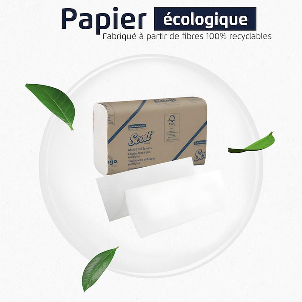 Scott Essential Essuie-Mains, 16 Multiplis en Z, Blancs, Technologie Airflex, Doux, Absorbants et Résistants, 16 Paquets x 250 Feuilles (4 000 Feuilles au Total), article 1804