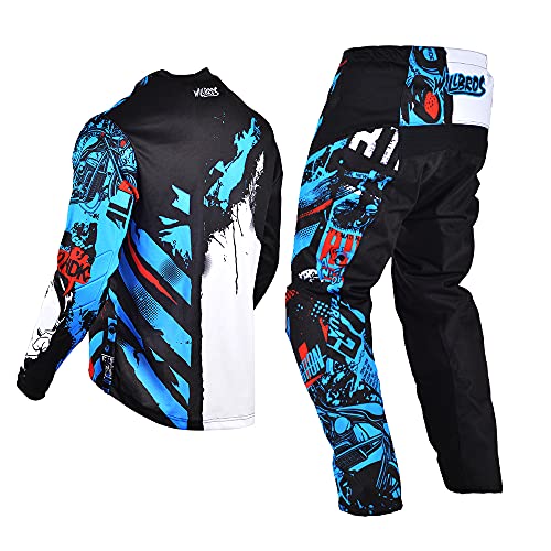 Willbros Jugend Jersey Hose Combo Kinder MX Motocross Getriebesatz Kinder Rennanzug Offroad MTB ATV Motorrad Jungen Mädchen Blau YXL