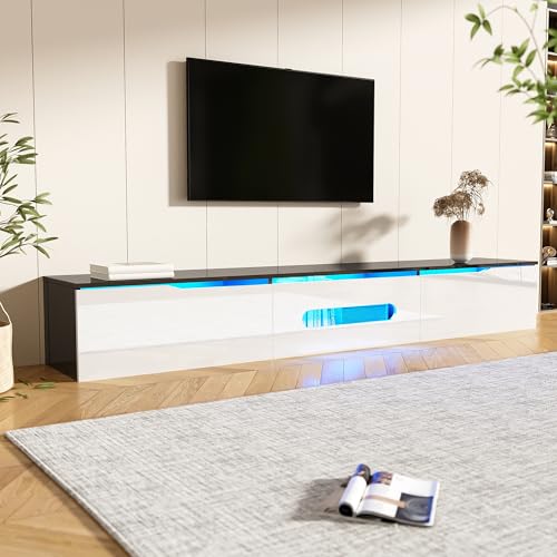 BTM Meuble TV Blanc et Noir avec Éclairage LED, Meuble TV Moderne avec Rangement, Meuble Télé 180cm pour Salon, Suspendu ou au Sol, Porte Pliante Haute...