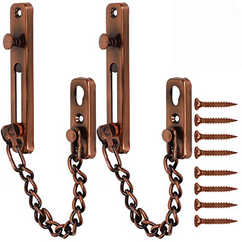 2 Pack Door Chain Lock, KINJOEK Stainless Steel Security Chain Guard with Spring Anti Theft Press Lock, Heavy Duty Polished Door Latch with Screws, Red Bronze