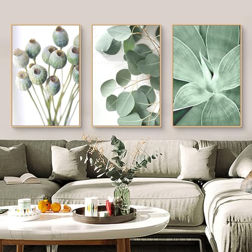 Decoración de eucalipto y agave en tríptico de 30x40 cm para dar vida a paredes vacías de salón