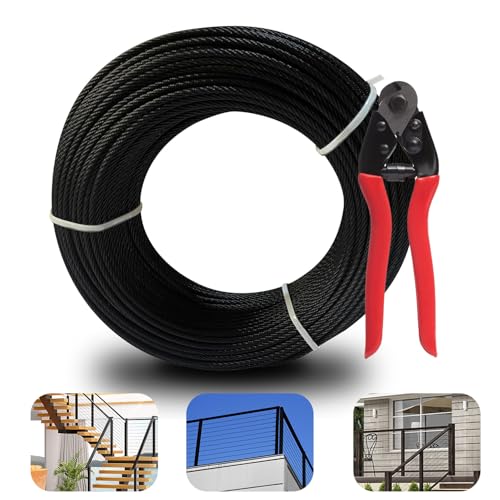 Tongmo 1/8\" Black Cable Railing Wire, 250ft Stainless Steel Cable Wire Rope, Cable Railing Hardware for Handrail, Deck, Porch, Stairs, Flexible and Rustproof with 7 x 7 Strands Construction