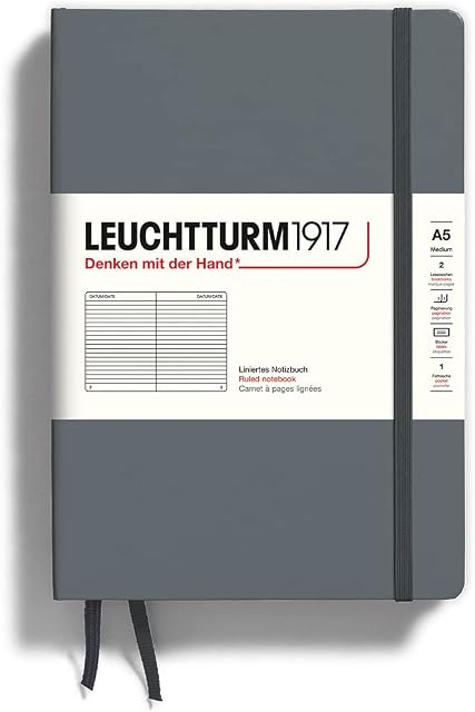 LEUCHTTURM1917 Notebook Medium A5, Hardcover, 251 numbered pages (Anthracite, ruled)