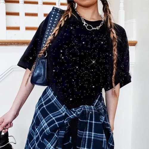 Oversized Sparkly Glitter Shirts for Women Sparkle Bling Rhinestones T Shirts Trendy Loose Casual Basic Tees Tops3