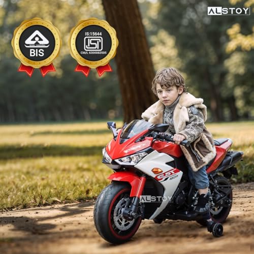 Image of Alstoy Ninja Ride-On Bike for Kids | 12V Rechargeable Battery Electric Toy Bike | Bluetooth Music | 35kg Capacity | Ages 3-8 Boys & Girls | BIS /ISI Approved | 6-Month Warranty | Large | Red