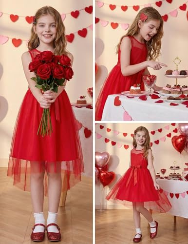 Image of Arshiner Girls Dresses Formal Party Wedding Tulle Sleeveless Contrast Mesh High Low Dress with Belt