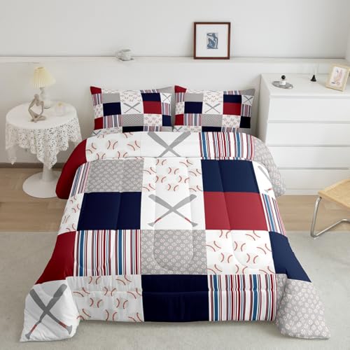 Feelyou Baseball Comforter Set Full Size Sports Game Comforter Baseball Gaming Bedding Set Gift for Baseball Lover Duvet Set Room Decor White Navy Quilt Set
