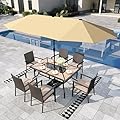 Sophia & William 7 Pieces Outdoor Patio Dining Set with 13ft Umbrella for 6 People, Patio Table and Cushioned Rattan Chairs Set with Beige Patio Umbrella, Faux Wood Tabletop
