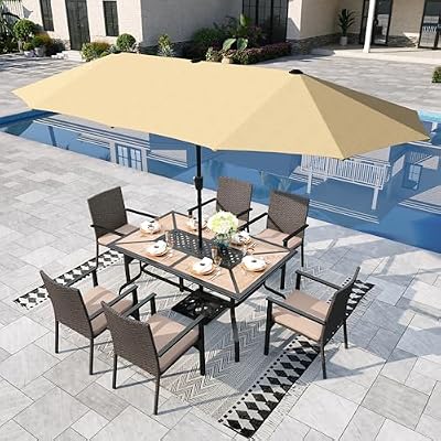 Sophia & William 7 Pieces Outdoor Patio Dining Set with 13ft Umbrella for 6 People, Patio Table and Cushioned Rattan Chairs Set with Beige Patio Umbrella, Faux Wood Tabletop