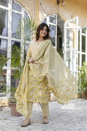 Image of Amazon Brand - Tavasya Women's Cotton Printed Kurta Set with Dupatta and Straight Pants | Salwar Suit | Ethnic Wear for Festive, Casual & Office Use