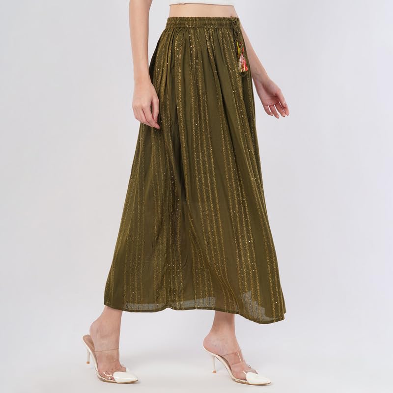 Rabhika Women’s Olive Green Pure Cotton Maxi Skirt with Subtle Gold Shimmer, Festive Ethnic Long Skirt for Women| L 3