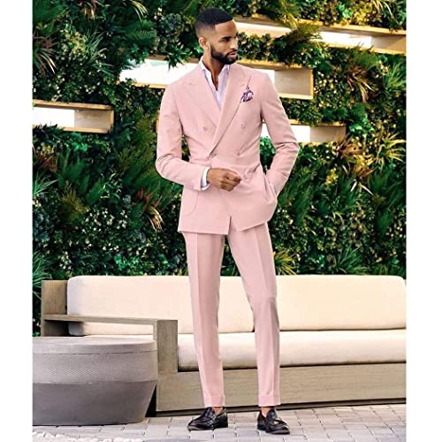 Men Pink Double Breasted Peak Lapel Blazer Grooms Tuxedo Casual Prom 2 Pieces Suit Jacket Pants2