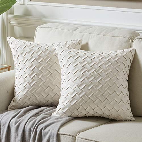 Fancy Homi Pack of 2 Accent Decorative Throw Pillow Covers with Cute Basket Weave Pattern,Soft Suede Solid Square Cushion Case Set for Couch Sofa Bedroom Car Living Room (20x20 inch/50x50 cm, Cream)