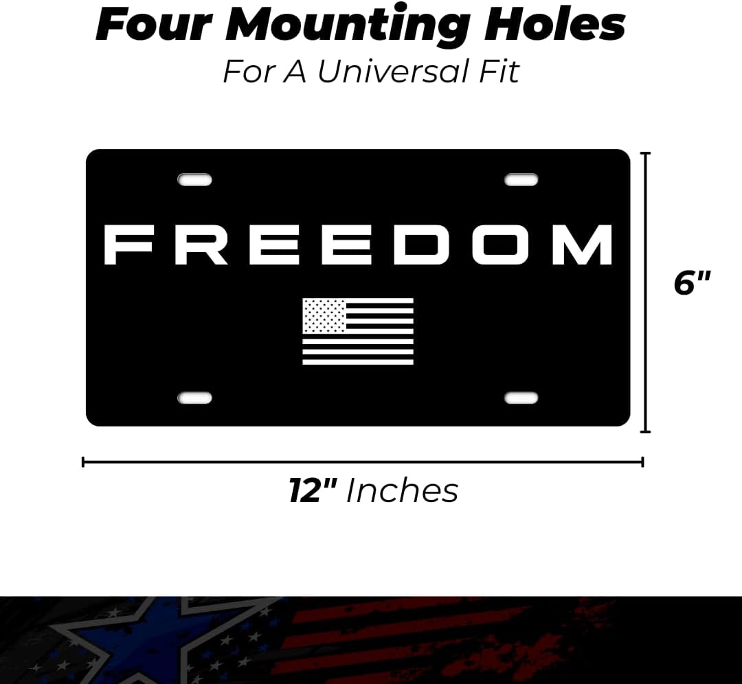 Freedom Patriotic Vanity Aluminum Plate for Trucks and Cars - Made in The USA - Universal Fit (Black Flag)