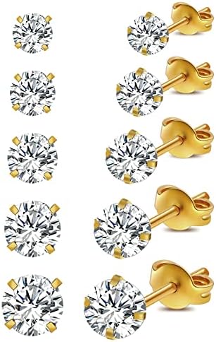 iLovey 18K Gold Plated Silver Stud Earrings Set for Women, 5 Pairs Surgical Steel Hypoallergenic Earrings for Women Men Girls Comfortable Cubic Zirconia Cartilage Piercing Earrings Pack Jewelry Gifts