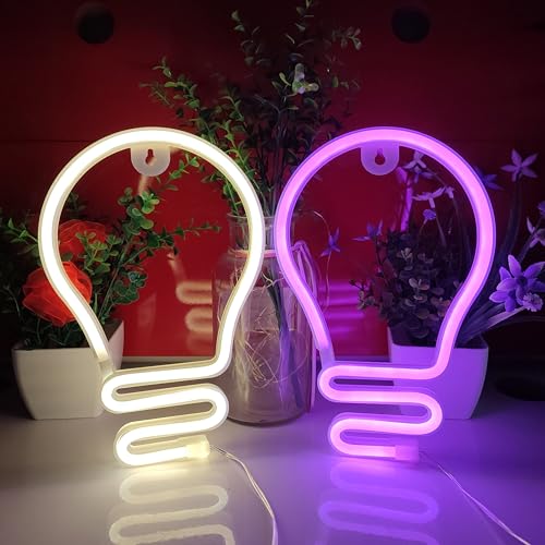 Image of JYWJ Bulb Neon Light,USB or 3-AA Battery Powered Neon Signs,LED Desktop Wall Decoration,Various Parties,Decoration Of Business Premises (Pink)