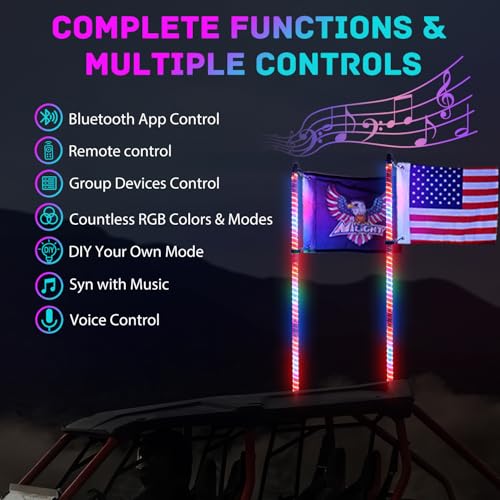 Image of Nilight LED Whip Light 1 PC 3FT COB RGB Lighted Antenna Whips with Spring Base Remote & App Control DIY Chasing Patterns for Can-am Offroad ATV UTV RZR Polaris Dune Buggy 4-Wheeler Truck