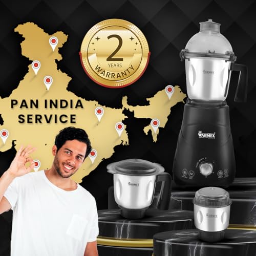 Image of WARMEX HOME APPLIANCES 100% Copper Motor 550 Watt Mixer Grinder|3 Stainless Steel Jars|400ml + 800ml + 1200ml|3 Speed Settings For Perfect Grinding & Blending|2 Year Mixer + 5 Year Motor Warranty