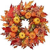 Sggvecsy Fall Wreath 23’’ Artificial Autumn Front Door Wreath with Large Pumpkins Clusters of Berries Maple Leaves Acorn for Outside Indoor Wall Window Festival Thanksgiving Harvest Fall Decor