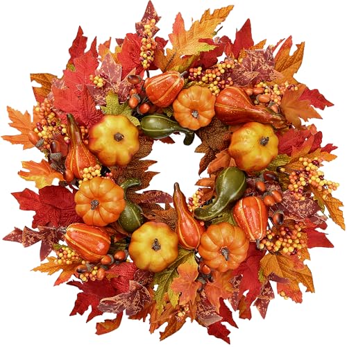 Sggvecsy Fall Wreath 23’’ Artificial Autumn Front Door Wreath with Large Pumpkins Clusters of Berries Maple Leaves Acorn for Outside Indoor Wall Window Festival Thanksgiving Harvest Fall Decor