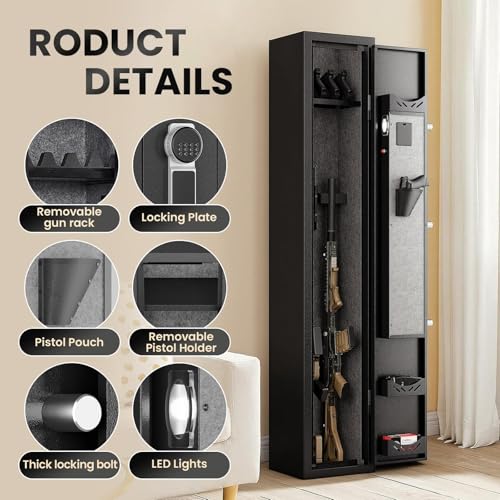 Image of KAER 2-3 Gun Safe, Rifle Safe for Bedroom with Digital Keypad Lock, 4 Gun Slots & Pistol Pockets, Secure Firearm Storage for Garage, Living Room