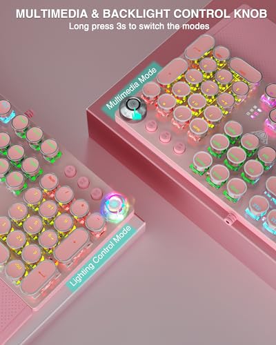 Aula F2088 Typewriter Style Mechanical Gaming Keyboard,Rainbow Led Backlit,Removable Wrist Rest,Media Control Knob,Retro Punk Round Keycaps,Usb Wired Computer Keyboard,Pink thumb #4