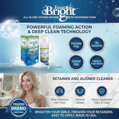 Aligner & Retainer Cleaner Whitening Foam | Compatible with Invisalign, Byte, Candid, ClearCorrect | Night Guard Mouth Guard Denture Cleaner | Whitens Teeth, Peroxide Free, Enamel Safe | FoamBright