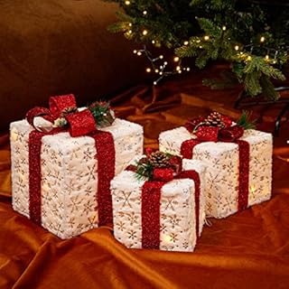 Gresonic Lighted Gift Boxed Christmas Decorations, Plus Size Foldable Set of 3 Piece Present Ornament Boxes with Pre-lit Fairy Lights, Light Up Gift Box for Indoor Xmas Party Holiday Décor