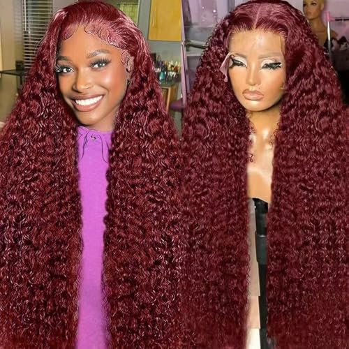 WAAHRR 30 Inch 99j Burgundy Deep Wave Lace Front Wigs Human Hair 99j 13x6 HD Lace Front Wigs Human Hair 200 Density Glueless Deep Wave Wig Pre Plucked Red Colored Curly Wig for Women