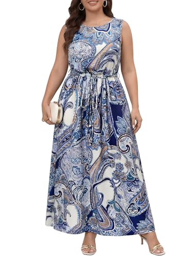 Chevibe Plus Size Summer Dress for Women Boho Floral Print Sleeveless Casual Elegant Vacation Beach Wedding Guest Dresses