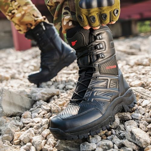 Image of Men's Tactical Military Work Boots Side Zipper Lightweight Outdoor Motorcycle Boots Waterproof Combat Army Boots for Men