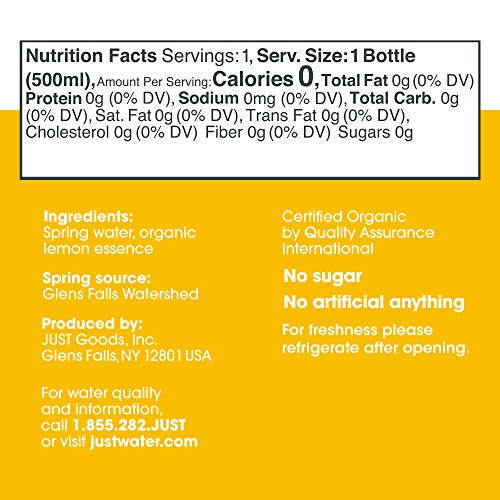 JUST Water Infused - Organic Fruit Flavored Spring Water - Eco-Friendly Boxed Bottled Water - Zero Sugar, Artificial Flavors, or Sweeteners, 8.0 Alkaline pH - Lemon, 16.9 Oz, (Pack of 12)