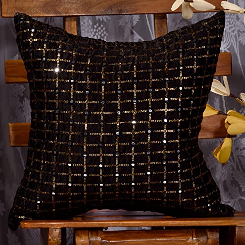 Image of Black Cushion Covers 12x18 Set of 2, Embroidered Cushion Covers, Fancy Rectangular Cushion Covers, Festive Mirror Work Cushion Covers, Black Kusan piloo Set