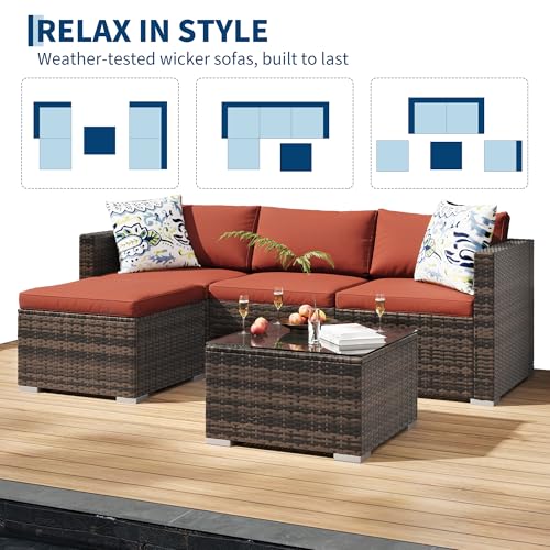 Image of GAOMON 5-Piece All-Weather Patio Furniture Set, Convertible Outdoor Sectional Sofa with Ottoman & Tempered Glass Table, PE Rattan Conversation Set for Garden, Backyard, Porch, Poolside