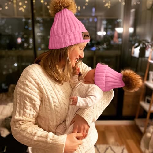Personalized Mama Mini Beanie Hat, 2 Pack Parent-Child Pom Pom Beanies, Custom Winter Warm Knit Hats Gift for Infant Baby3