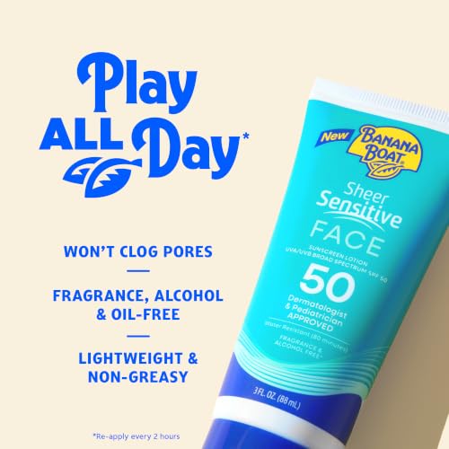 Image of Banana Boat Sheer Sensitive Face Sunscreen Lotion SPF 50, 3 Fl Oz | Travel size sunscreen for face, Lightweight formula, Water resistant sunblock, Quick sheer application