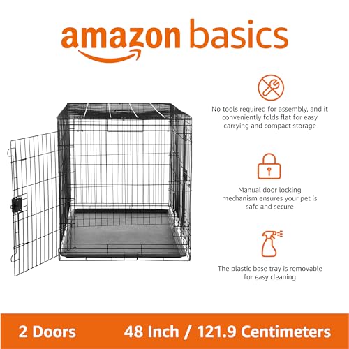 Amazon Basics XXL Metal Dog Crate/Cage with Tray, Durable and Foldable Dog Cage with Double Door, Black, XXL 122cm (48")