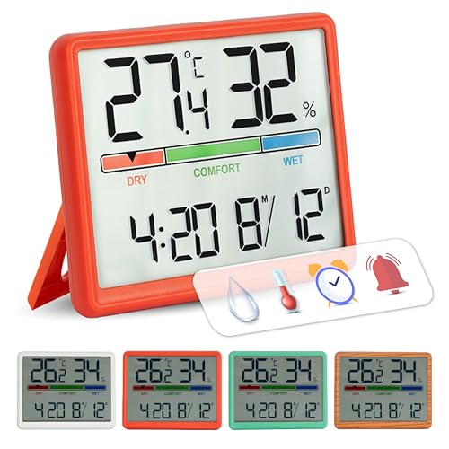 GIFTMARKET   Termómetro de interior digital. Termómetro digital con higrómetro. Indicador de confort, reloj y calendario. Termómetro de color rojo. Ideal para hogar. ABS. Medidas: 9,3 x 7,2 x 1,6 cm