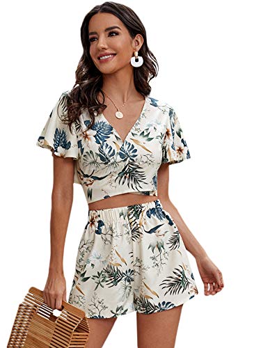 Floerns Women s 2 Piece Outfit Tropical Short Sleeve Crop Tops and Shorts Set Multicoloured L