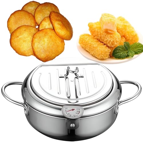 Olla Japonesa para Freír, con Tapa, Filtro de Aceite y Termómetro, Acero Inoxidable 304, Diámetro de Boca de 21 Cm (8,3 Pulgadas), Diseño Desmontable, para Uso Doméstico