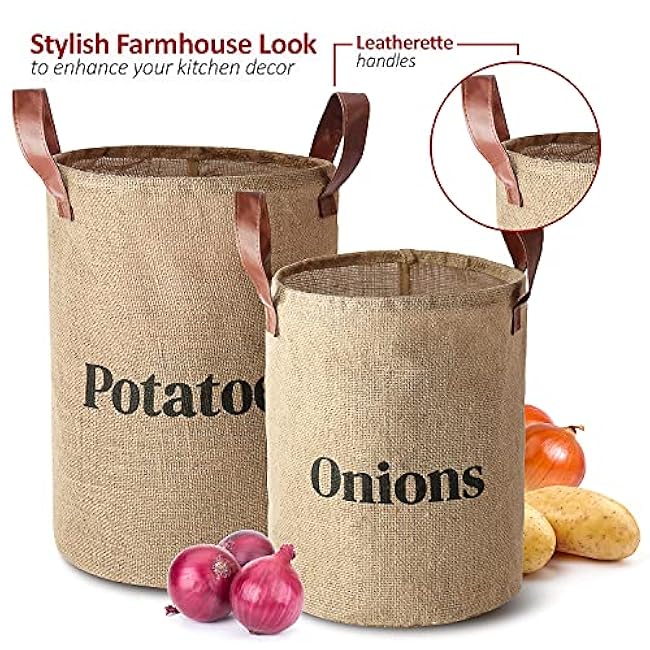 Lined Burlap Pantry Storage Baskets For Potatoes And Onions With Handles, Set Of 2, Decorative Rustic Farmhouse Home D¨¦cor Design, Kitchen Organization, 2 Pack
