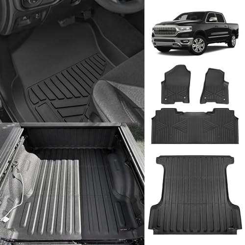 Image of TripleAliners Truck Mat Compatible with 2019-2026 RAM 1500 5.7FT Accessories, Truck Bed Mat Heavy Duty Custom Fit All Weather Protection TPE Pickup Liner, with Floor Mats